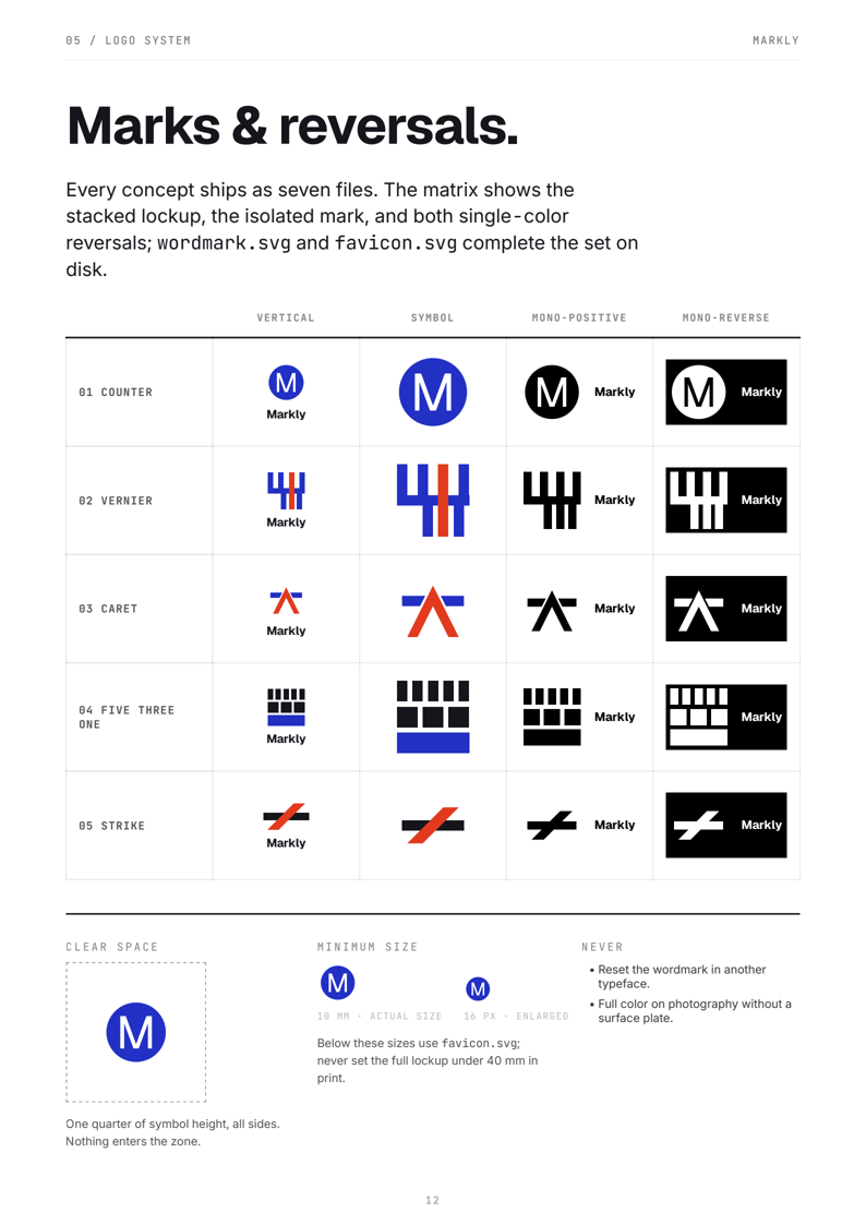 Brand book variant matrix: five concepts by four variants, with clear space and minimum size rules