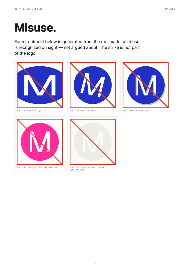 Brand book misuse page: five forbidden treatments of the mark, each struck through in red